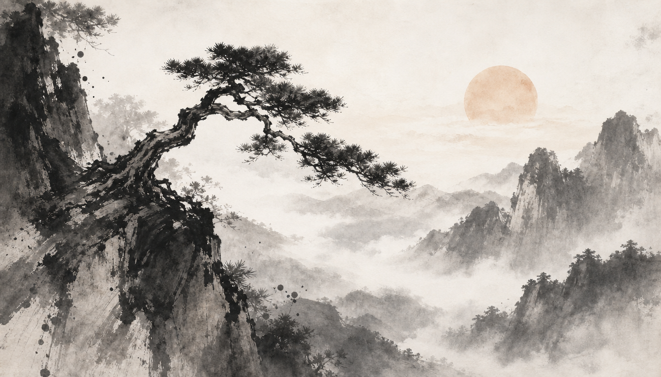 Cliffside pine facing the sunrise symbolizing self-discovery with the kanji nozomi hope