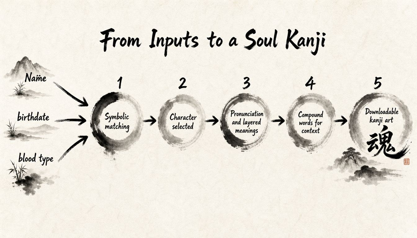 Process diagram of how a japanese personality test turns inputs into a Soul Kanji result