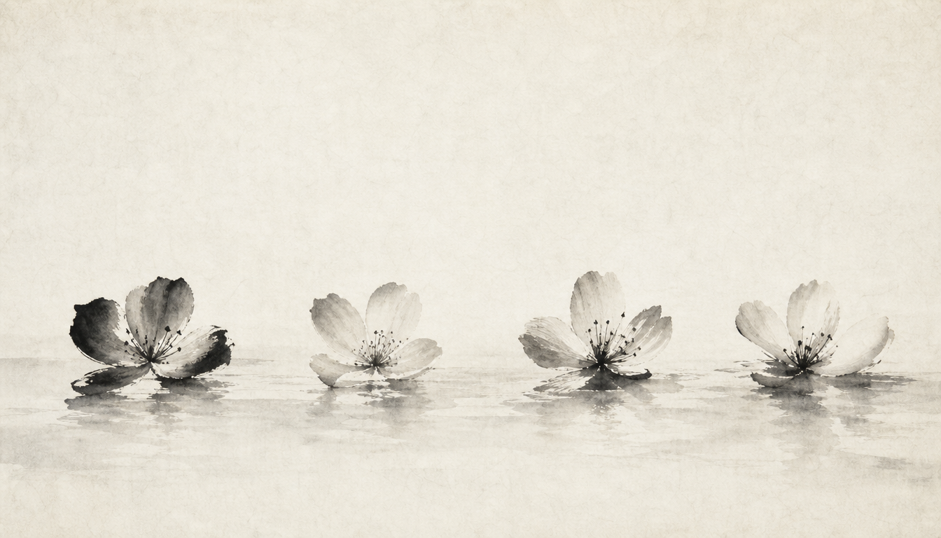 Four ink plum blossoms representing blood type groups in a japanese personality test