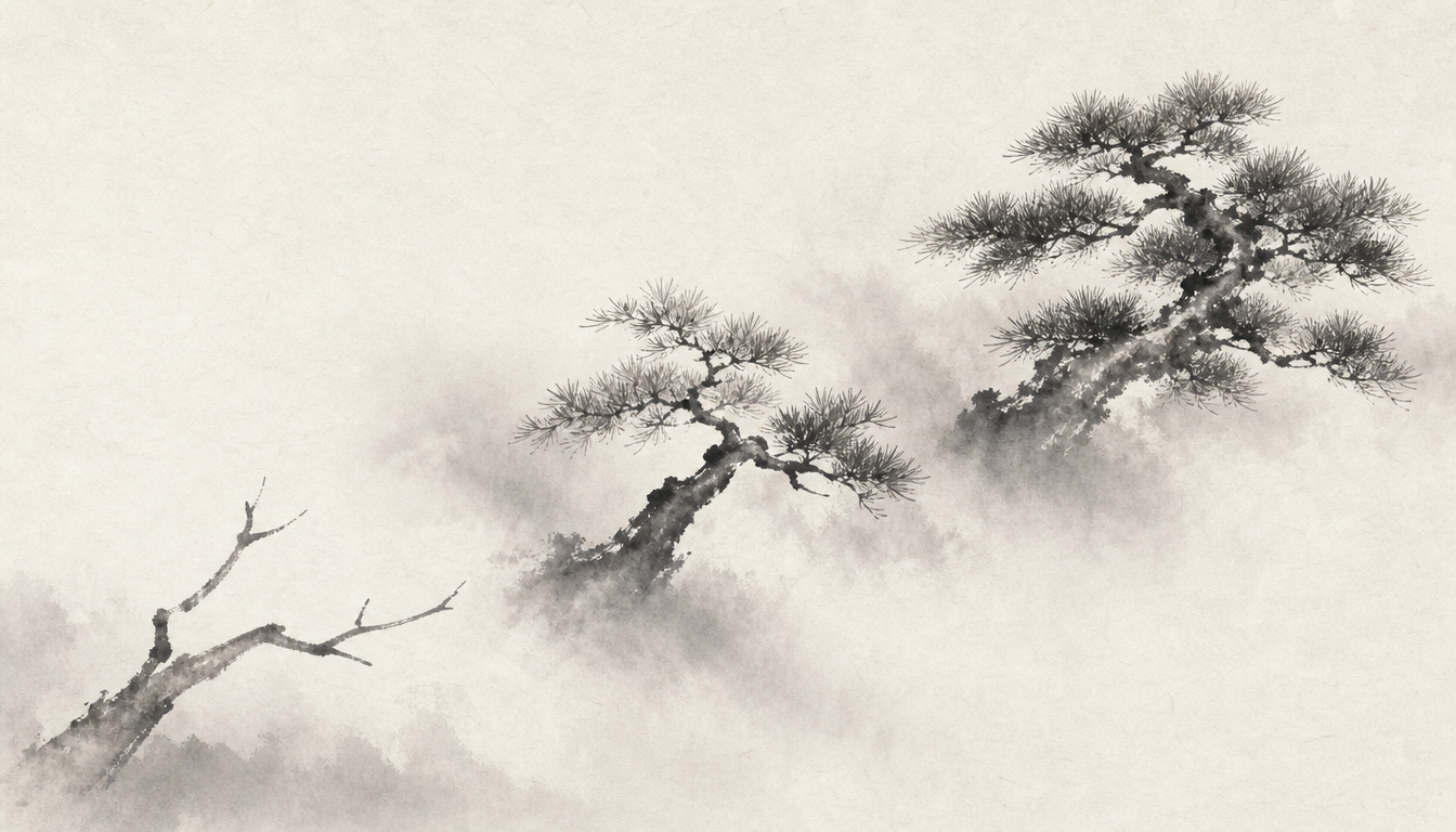 Three pine branches in ink showing the future timeline of the japanese personality test category