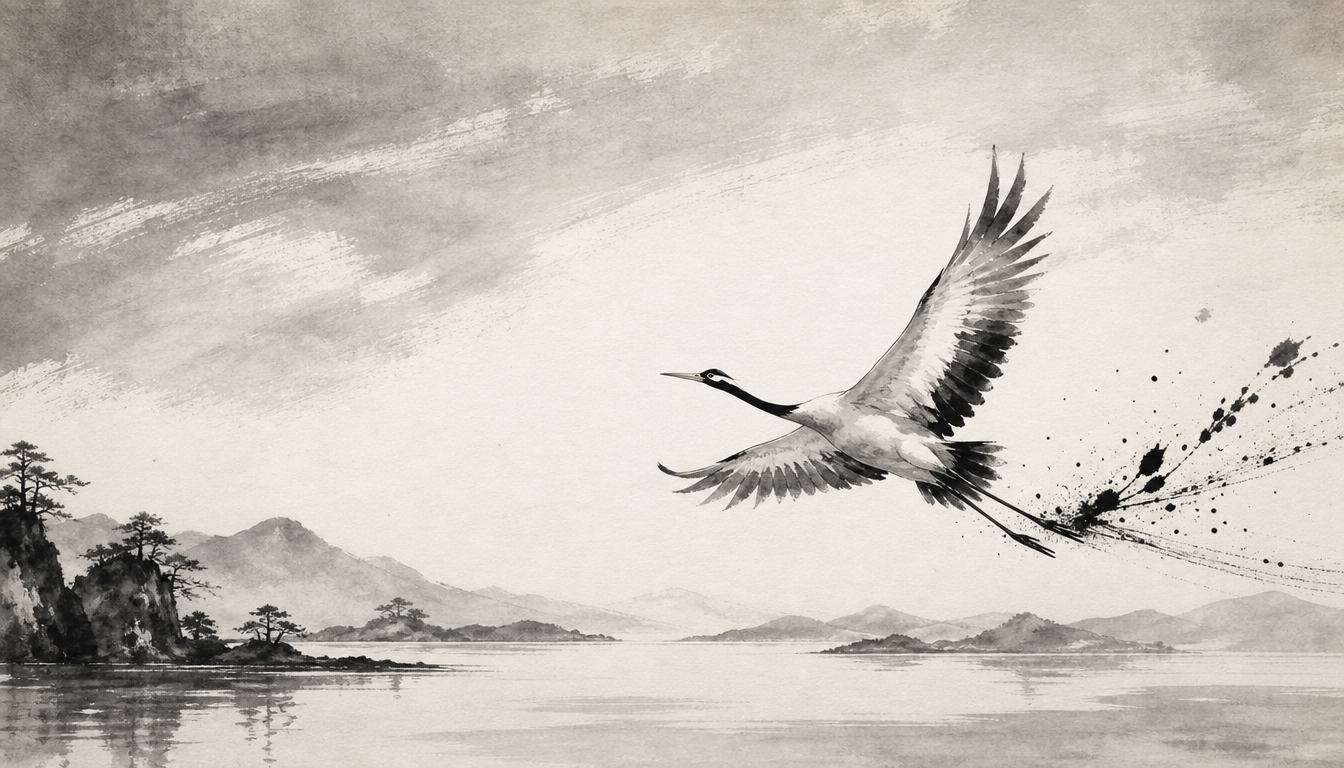 Crane taking flight in sumi-e style, early action on the japanese personality test trend