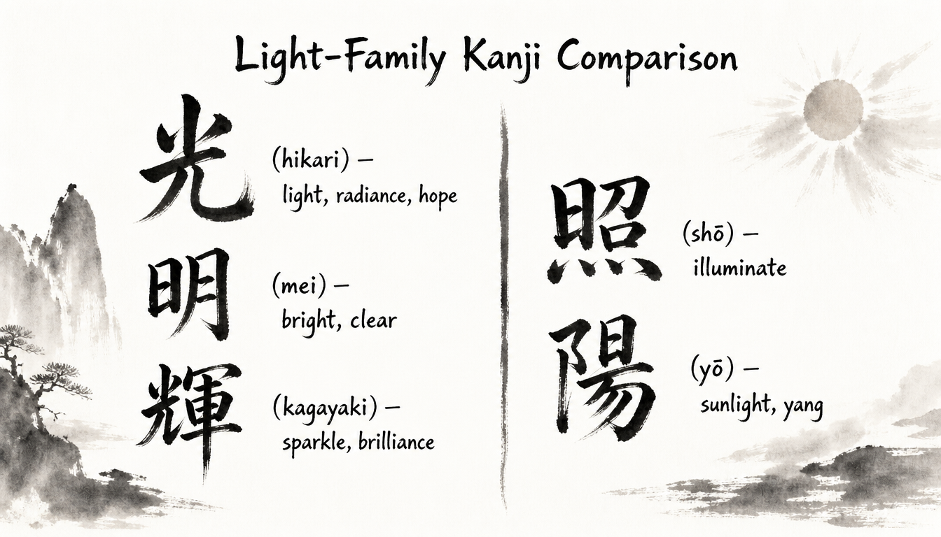 Comparison diagram of kanji hikari light kanji and related light-meaning characters