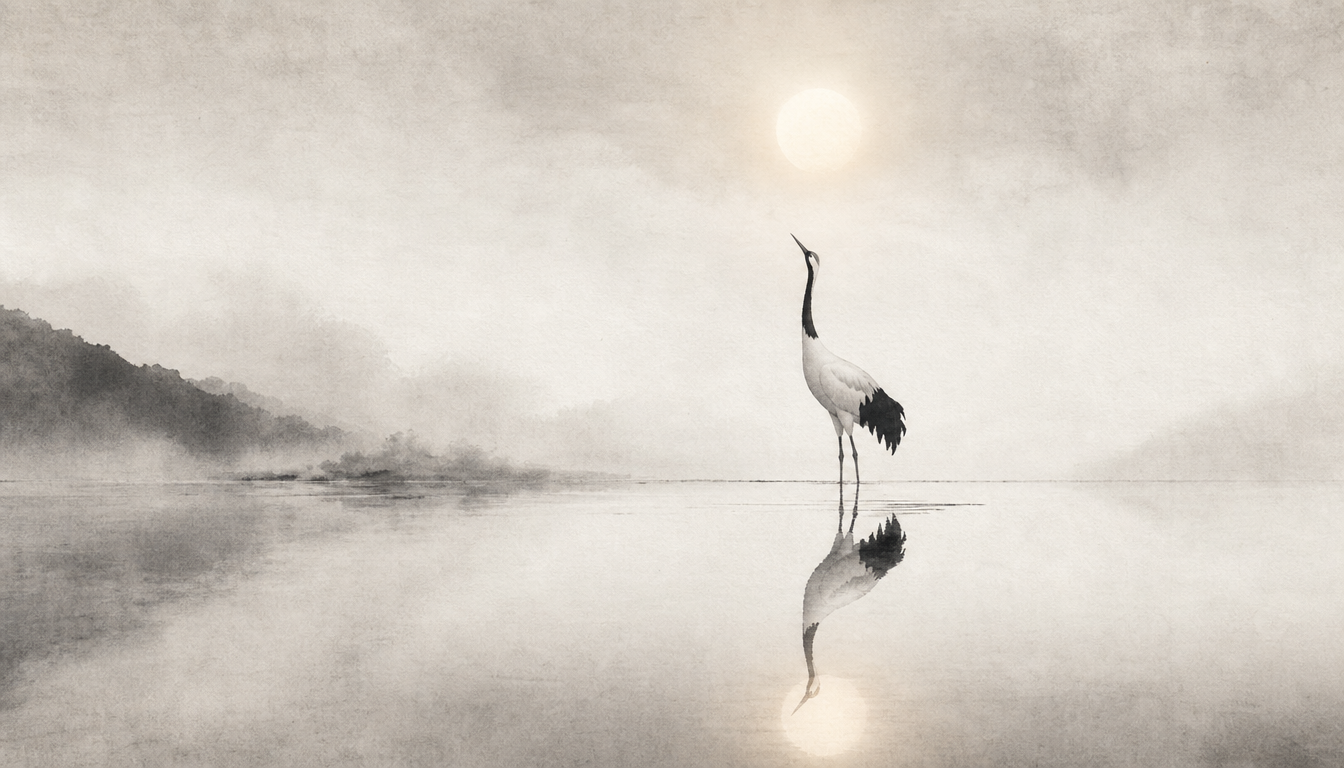 Crane reaching toward light orb representing kanji hikari light kanji meaning