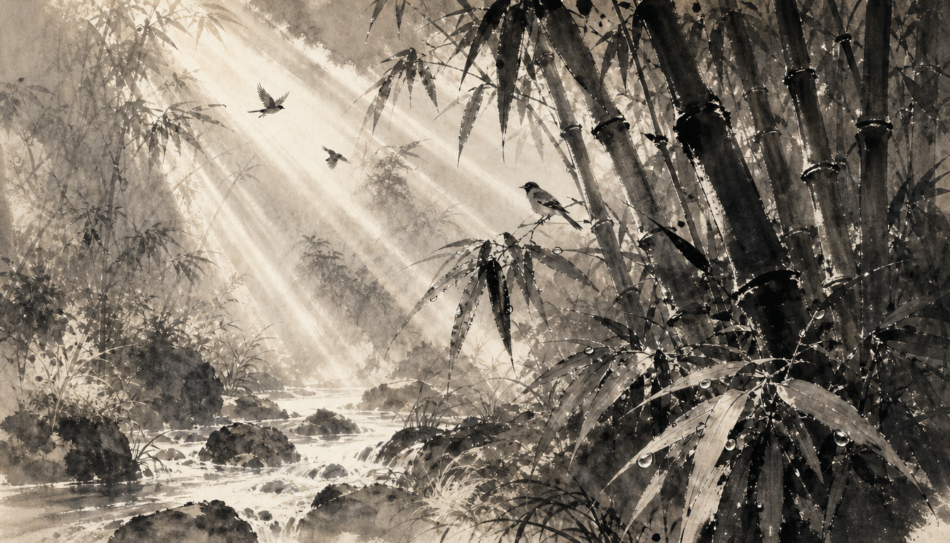 Bamboo grove with filtered light illustrating deeper hikari meaning light kanji