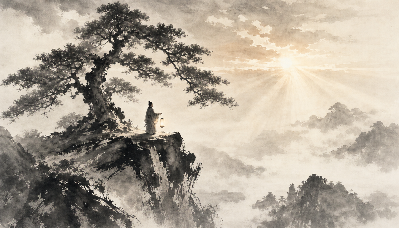 Robed figure carrying lantern beneath pine tree symbolizing kanji hikari light kanji