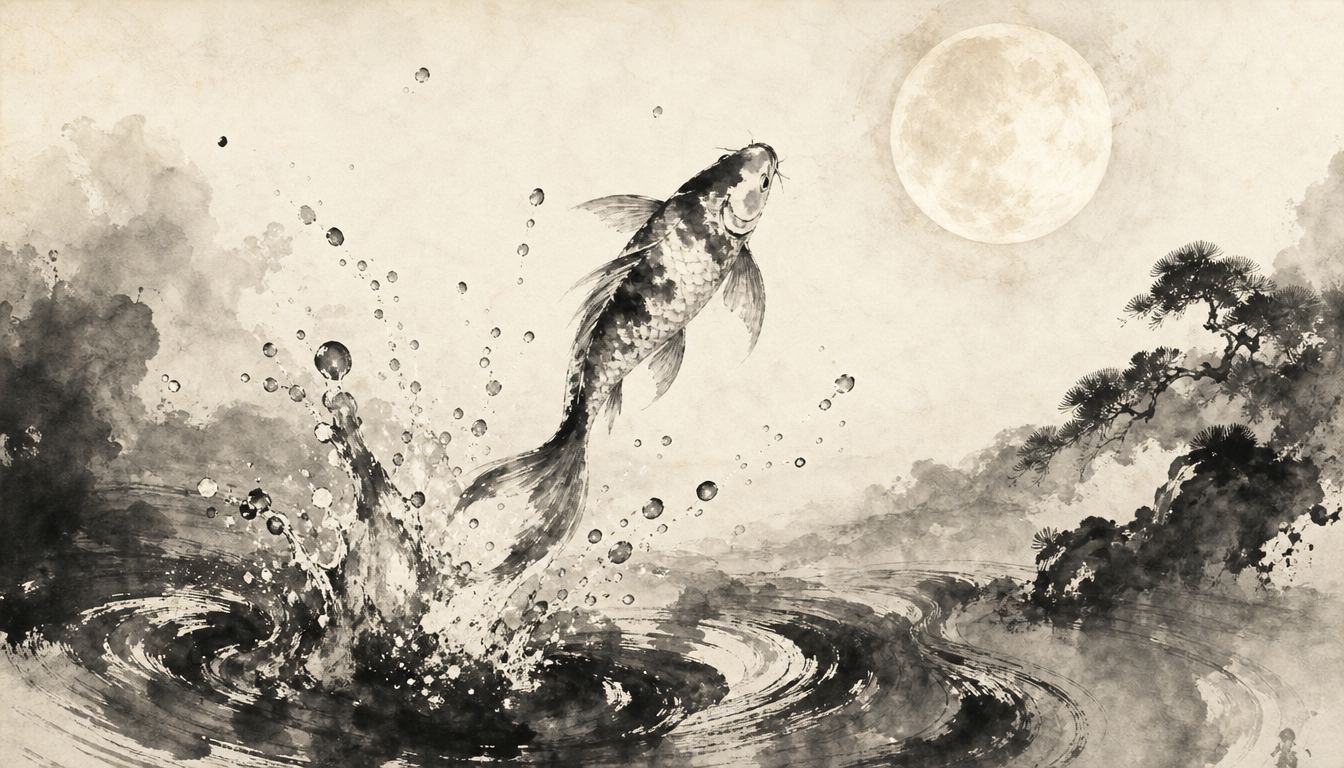 Koi leaping toward moonlight as personal symbol of kanji hikari light kanji