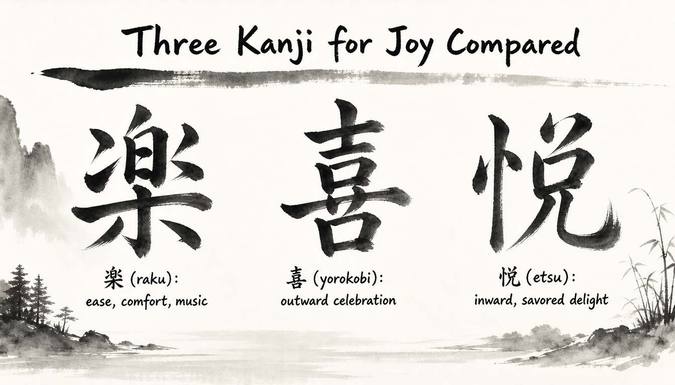 Comparison diagram of three kanji for joy 楽 喜 悦 and their feelings