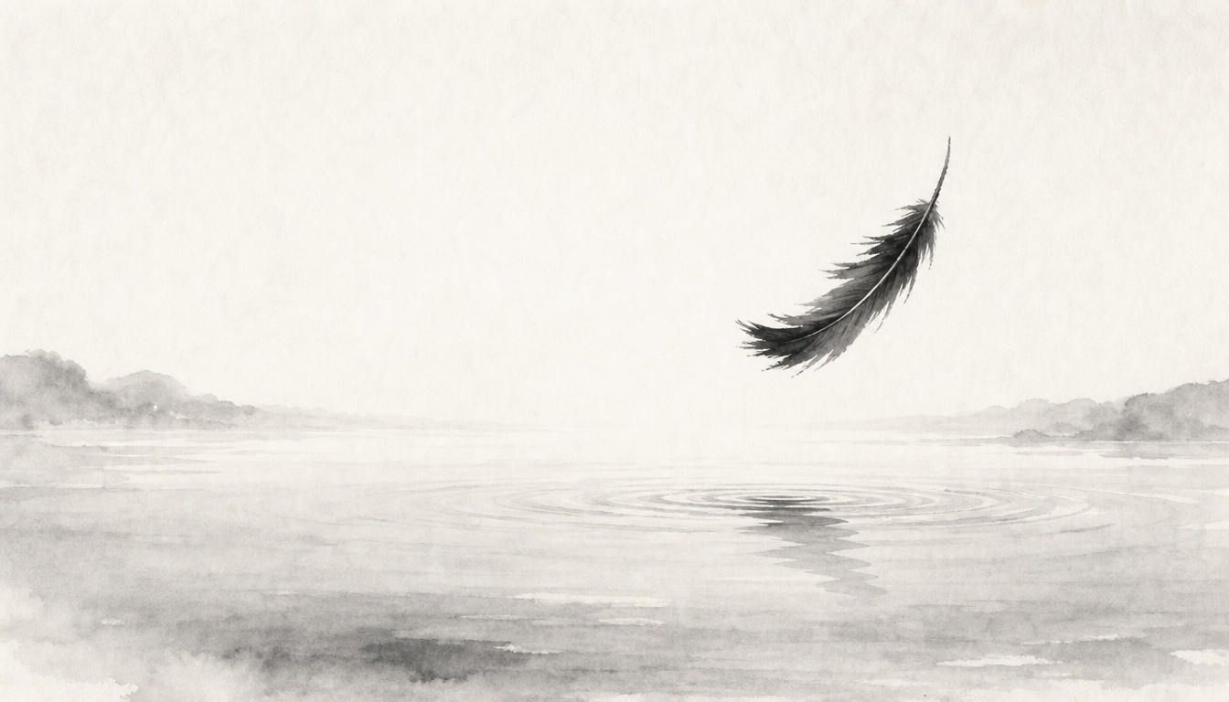 Minimal sumi-e feather over water evoking the gentle kanji for joy