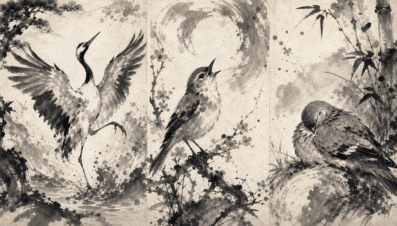Three sumi-e birds comparing kanji for joy 楽 喜 悦