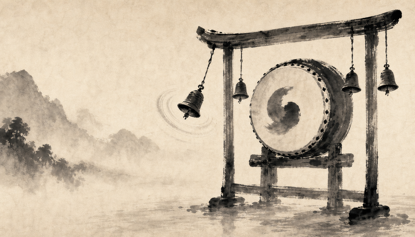 Sumi-e ritual drum on a stand showing the origin of the kanji for joy