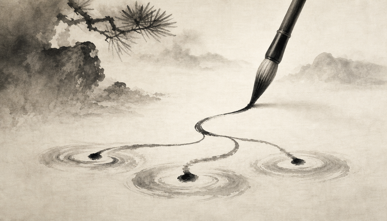 Sumi-e brush and ink line representing readings of the kanji for joy