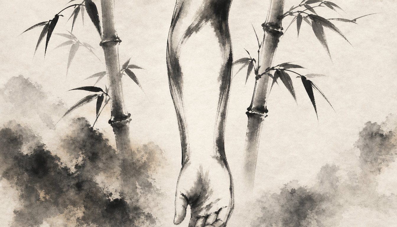 Sumi-e composition suggesting a kanji for joy tattoo placement