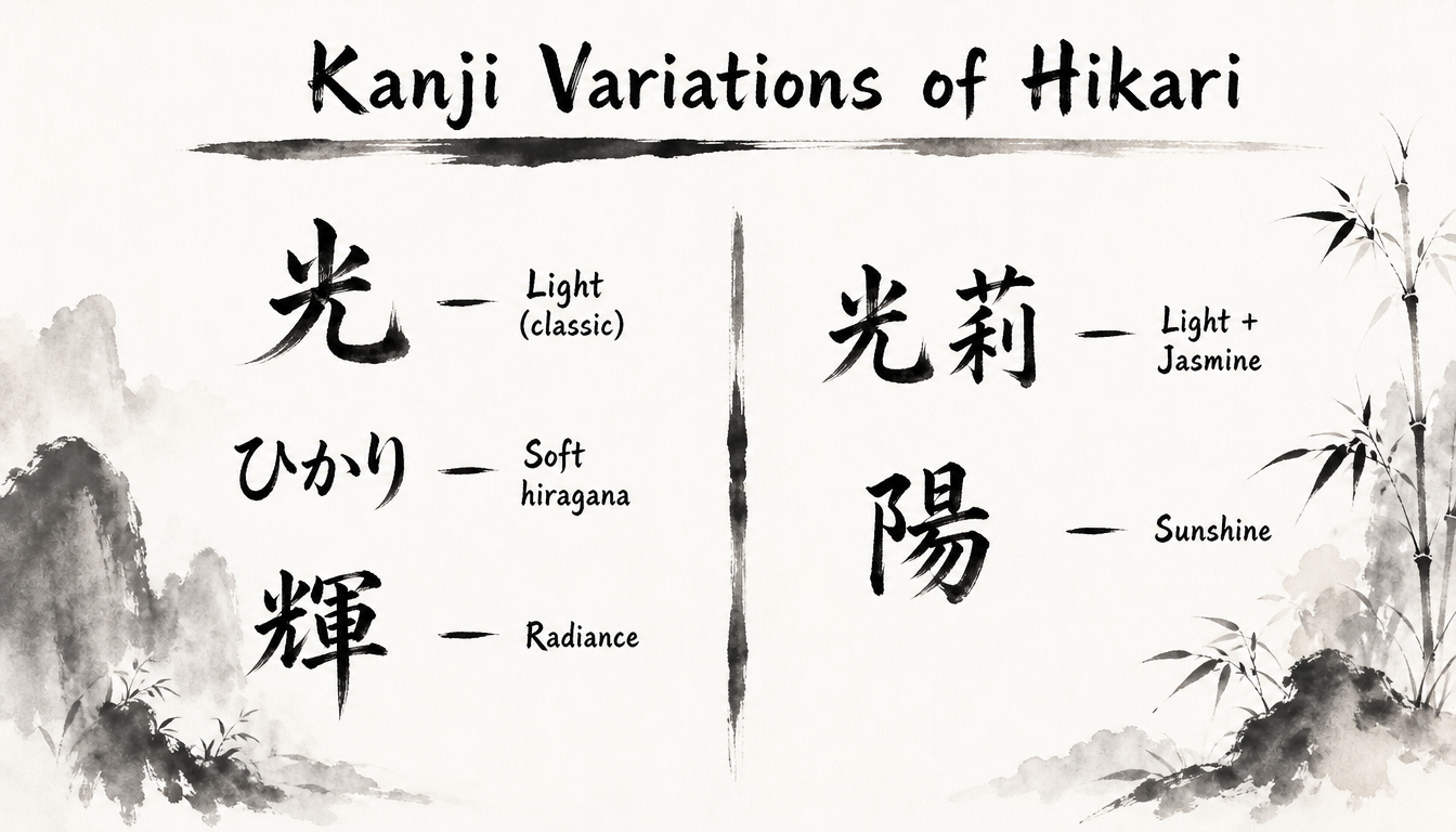 Comparison diagram of kanji writings showing the Hikari name meaning variations