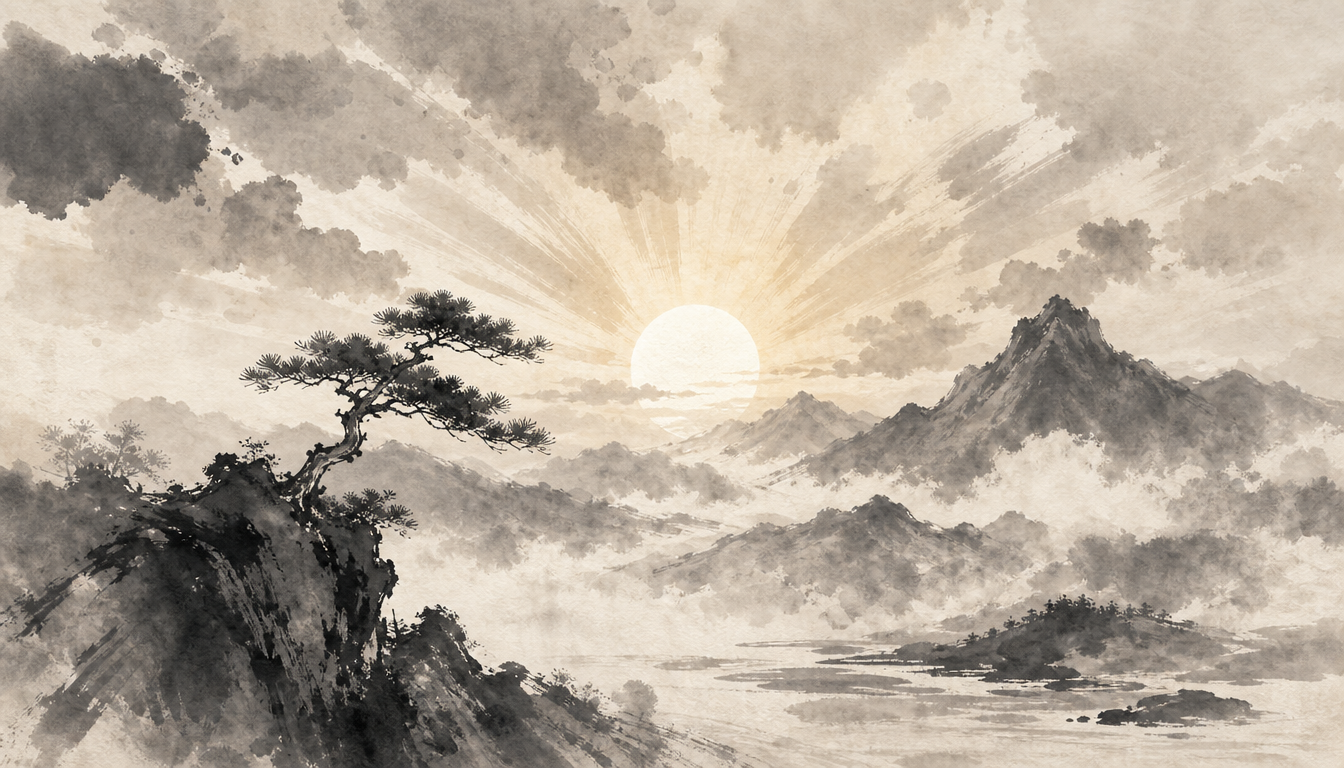 Sumi-e of sunrise over mountains representing the Hikari name meaning in Japanese spirituality