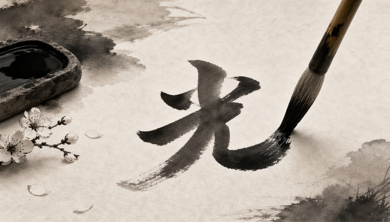 Sumi-e of calligraphy brush writing the Hikari name meaning kanji on rice paper