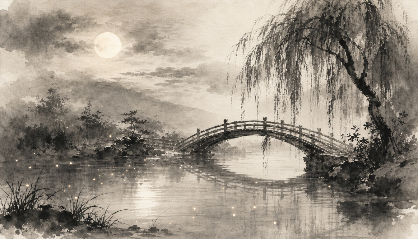 Sumi-e of moonlit pond illustrating the gentle Hikari name meaning of quiet light