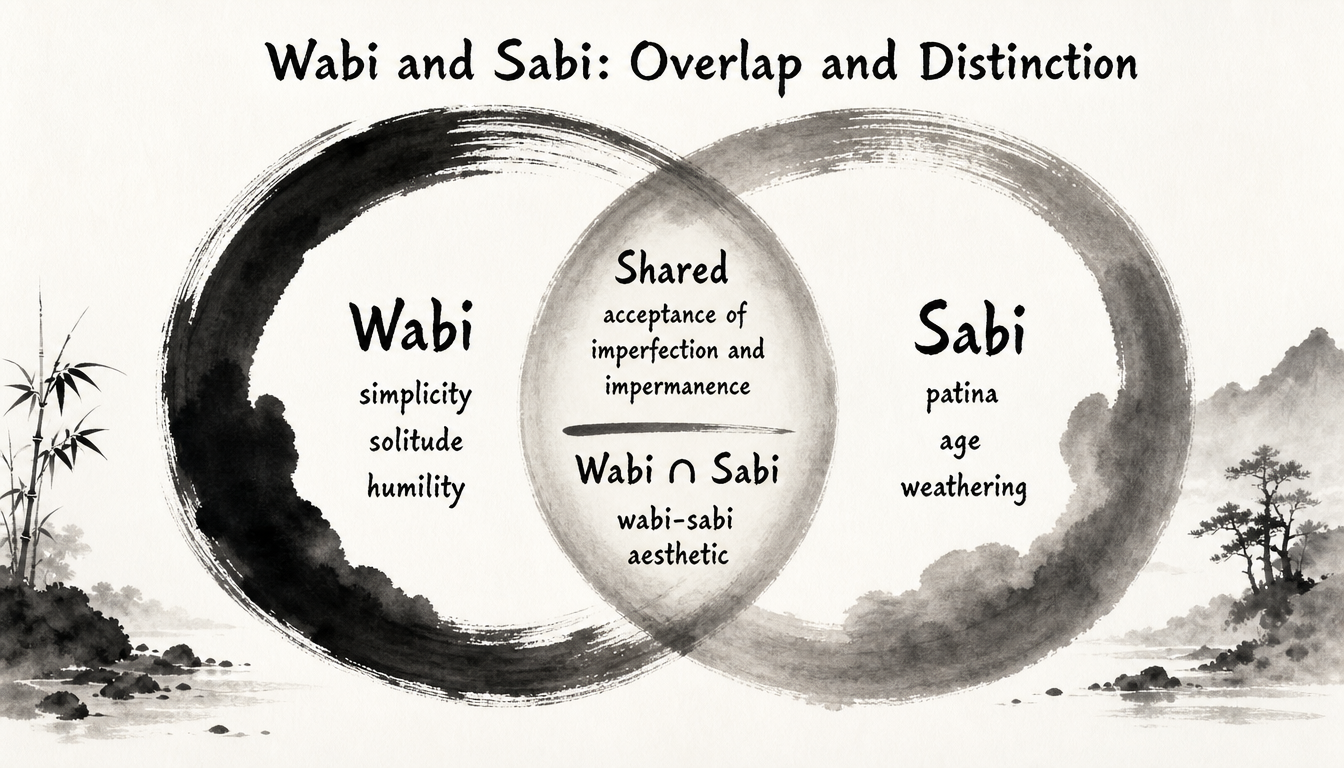 Venn diagram of wabi kanji meaning overlapping with sabi in Japanese aesthetics