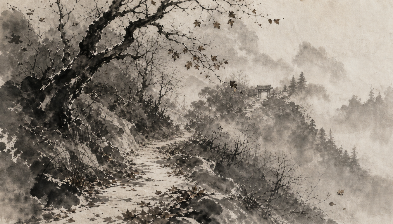 Lonely mountain path capturing wabi kanji meaning as tea master Rikyū understood it