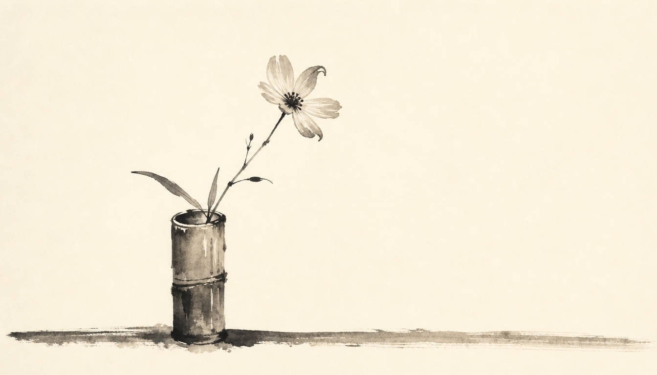 Single wildflower in bamboo vase showing the wabi kanji meaning in daily arrangement