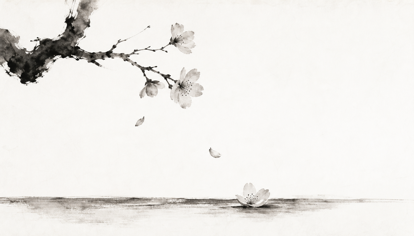 Falling cherry blossoms symbolizing the wabi kanji meaning of imperfect impermanent beauty