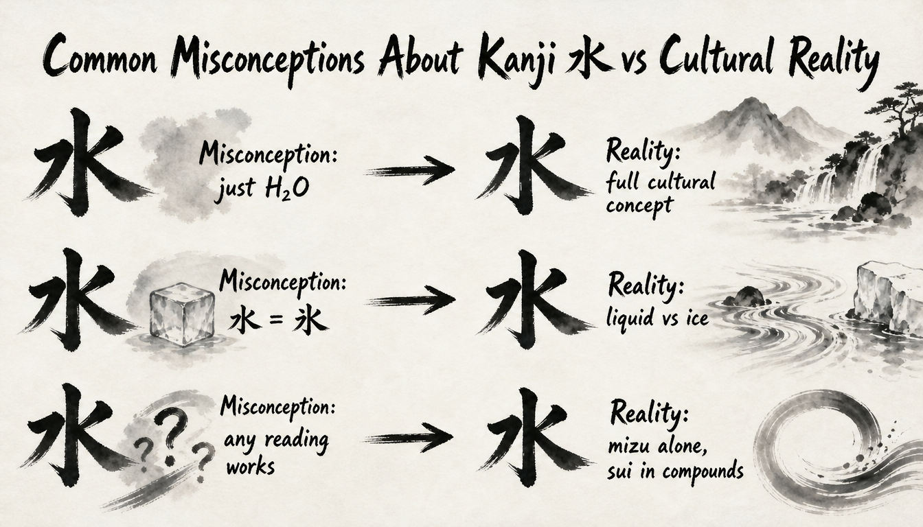Comparison diagram of common misconceptions about kanji mizu and the true water kanji meaning
