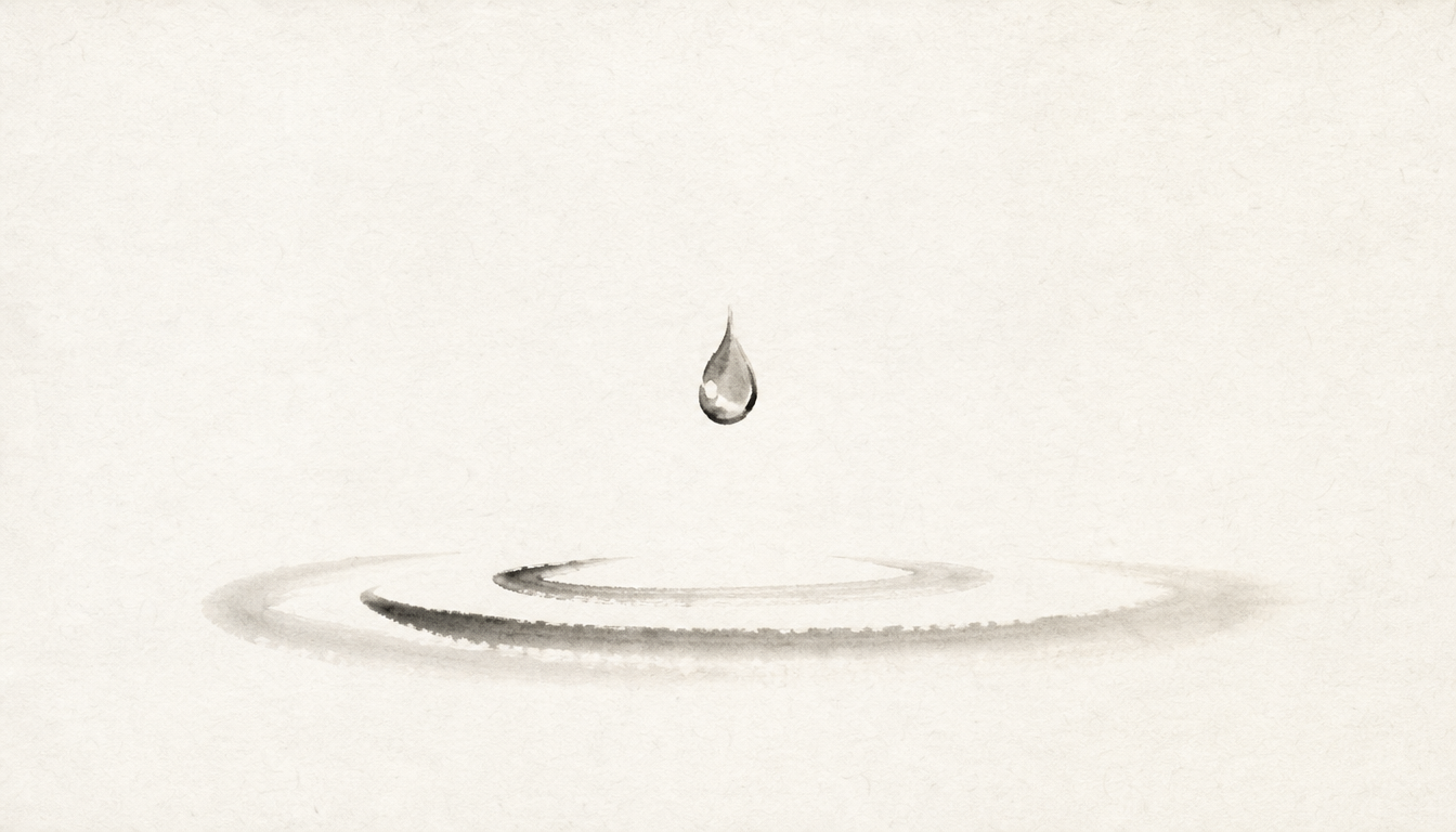 Single ink-painted water droplet representing the essence of kanji mizu and water kanji meaning