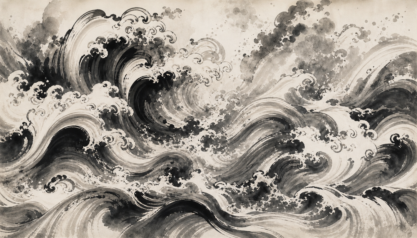 Dense ink-painted waves illustrating the dynamic mizu meaning of the water kanji