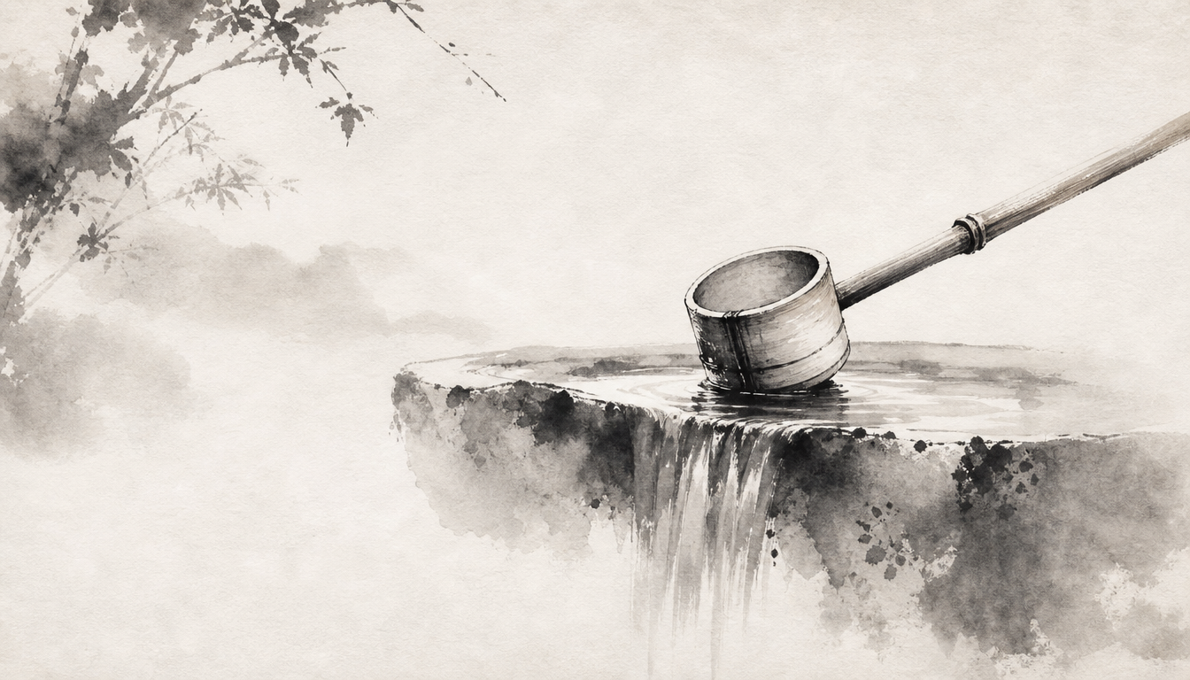 Bamboo dipper and water basin symbolizing purity in the kanji mizu and water kanji tradition