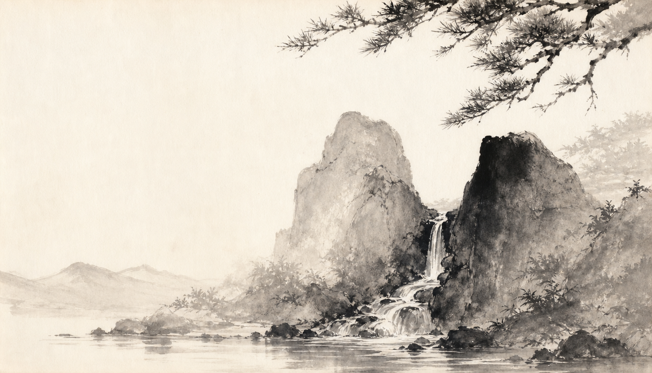 Sumi-e mountain spring representing the source and mizu meaning of the water kanji