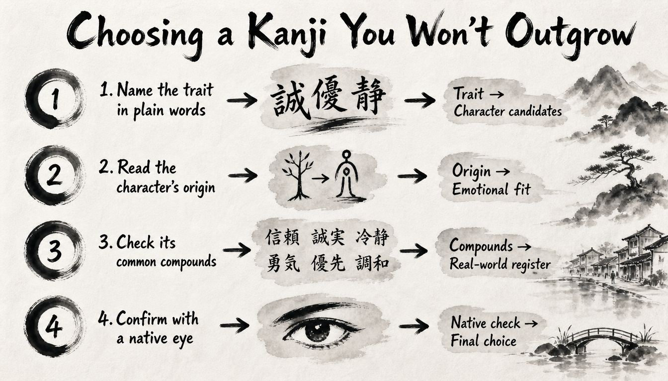 Four-step process for choosing a japanese symbol for strength or other personal kanji