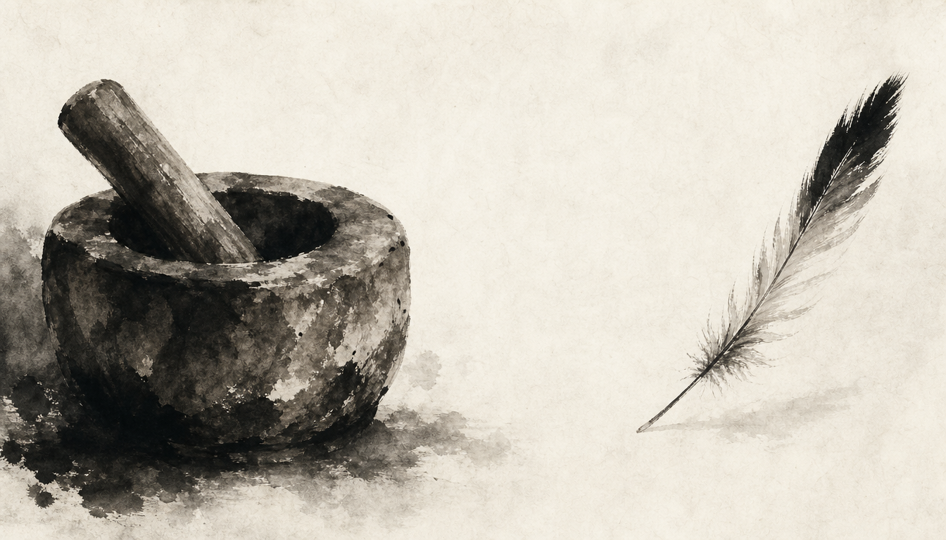 Heavy mortar and light feather contrasting readings of the japanese symbol for strength
