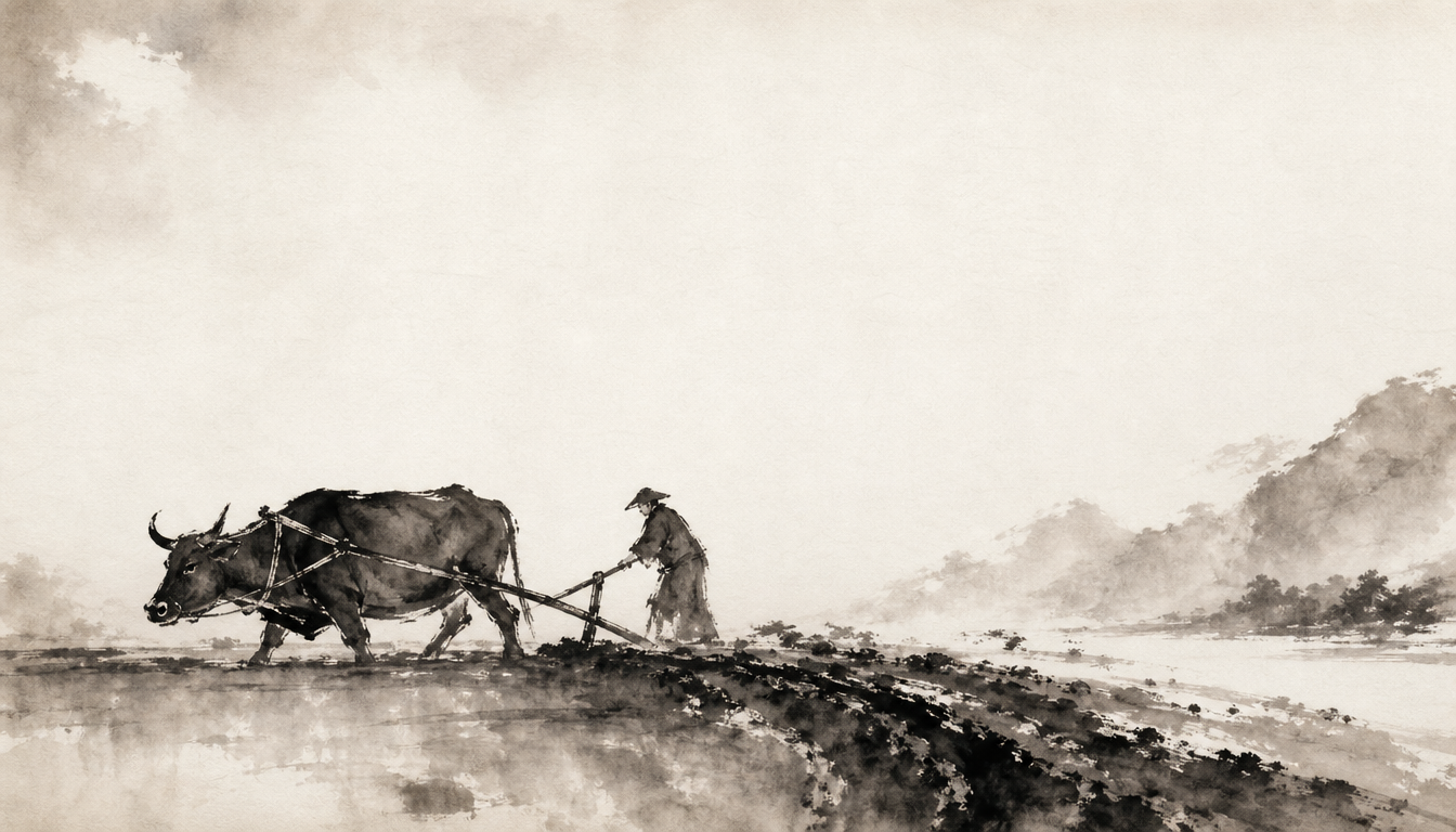 Sumi-e plow referencing the agricultural origin of the japanese symbol for strength