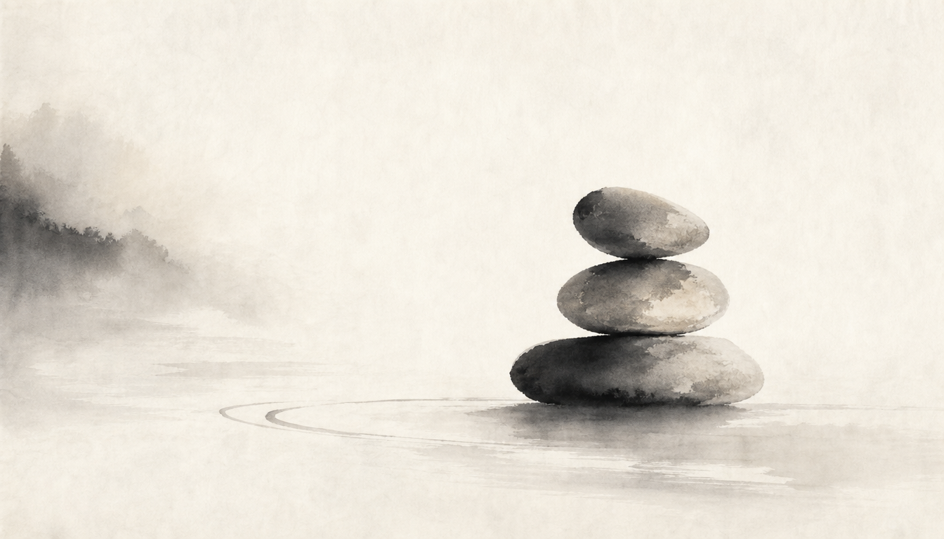 Balanced stone cairn representing harmony alongside the japanese symbol for strength