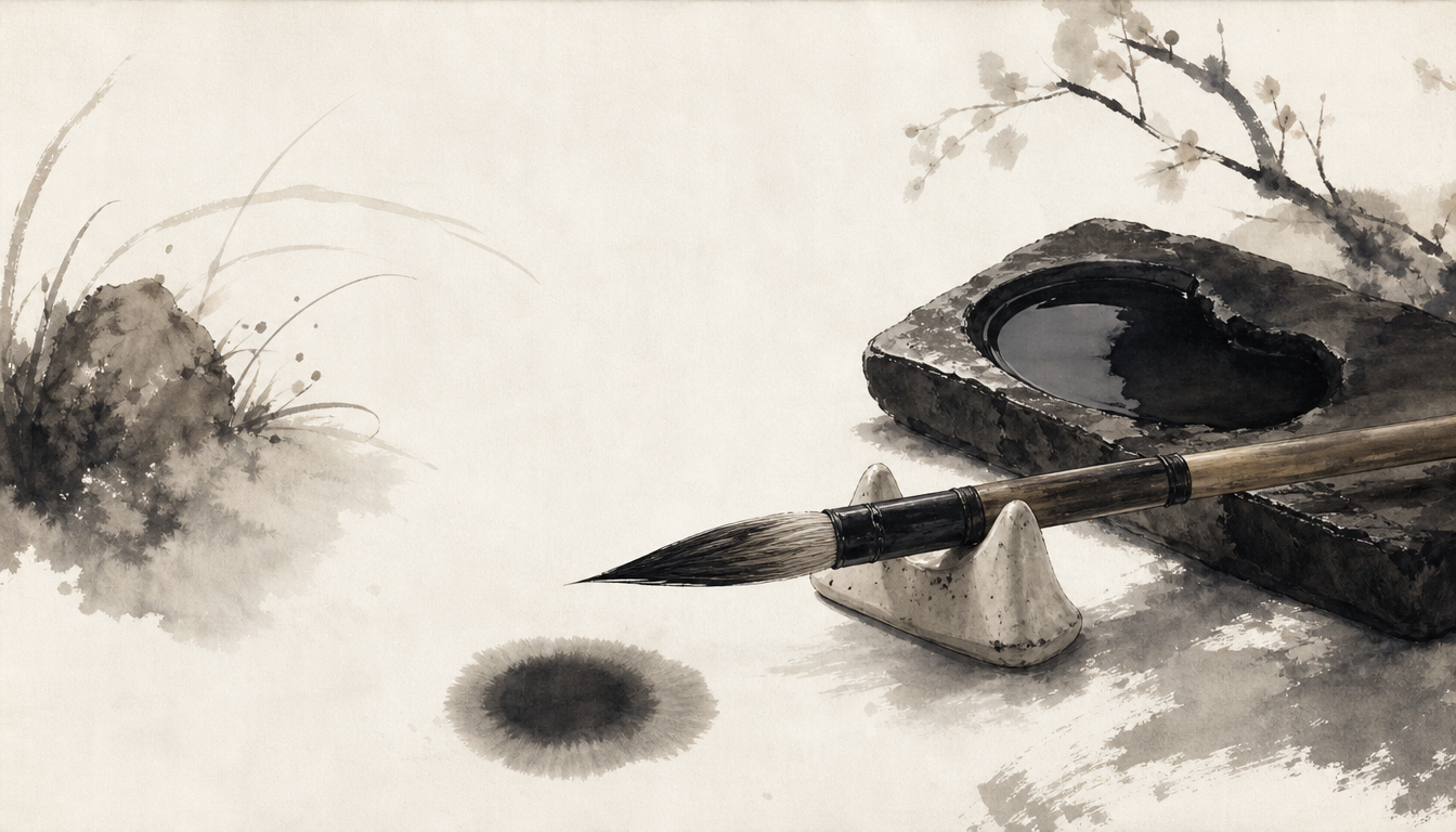 Ink brush and inkstone ready to write the japanese symbol for strength