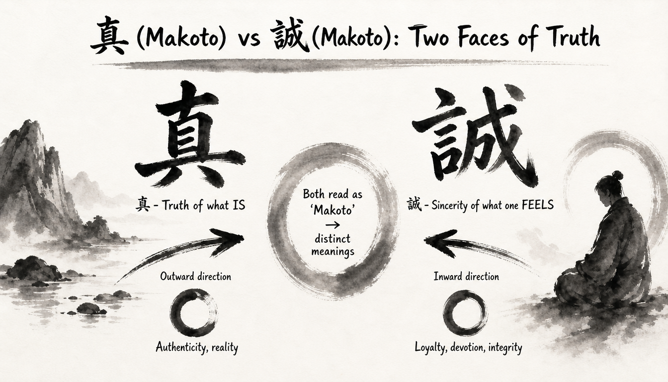 Comparison diagram of kanji makoto 真 versus 誠 showing truth kanji versus japanese sincerity symbol