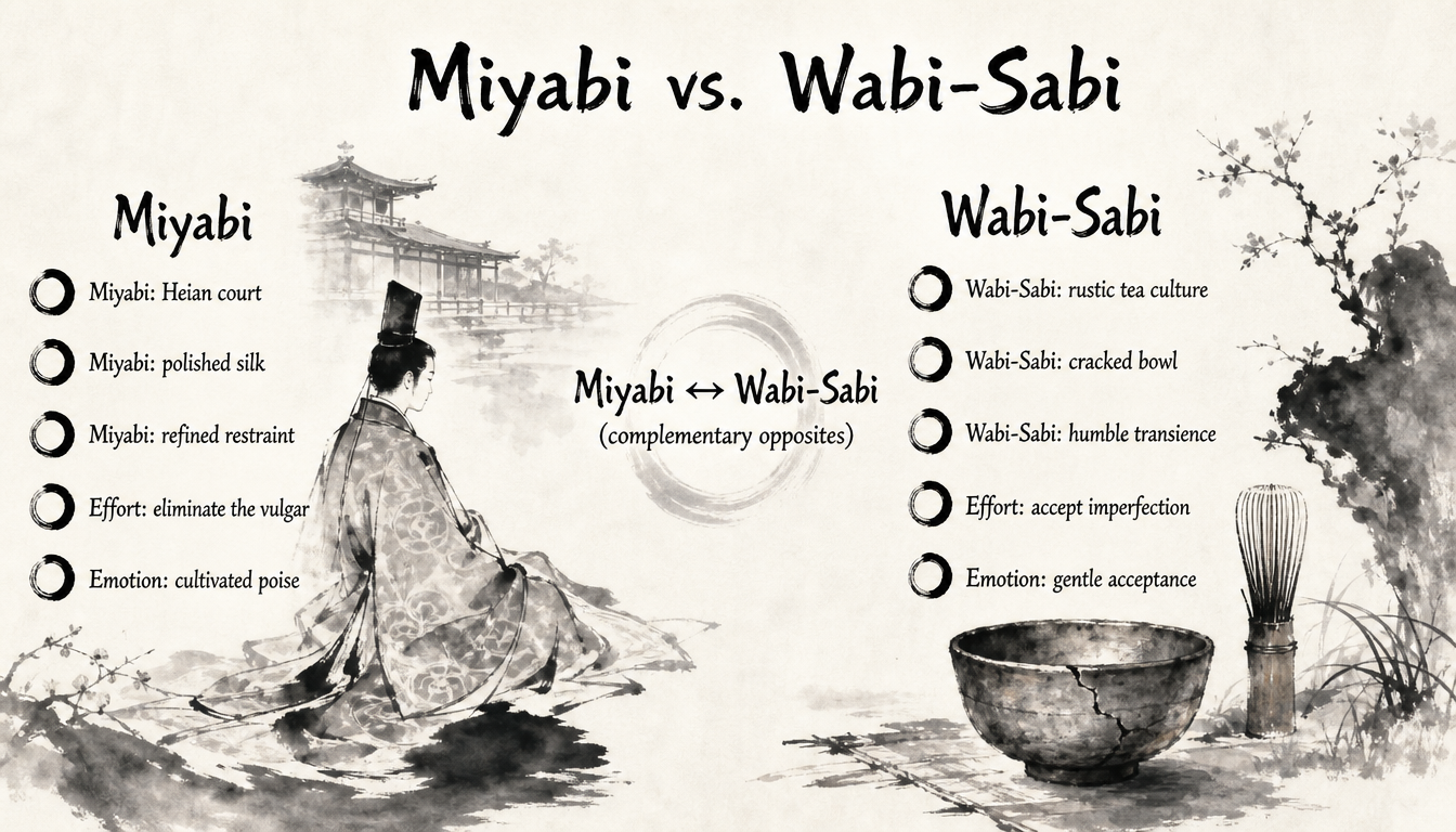 Comparison diagram of miyabi kanji meaning versus wabi-sabi aesthetics