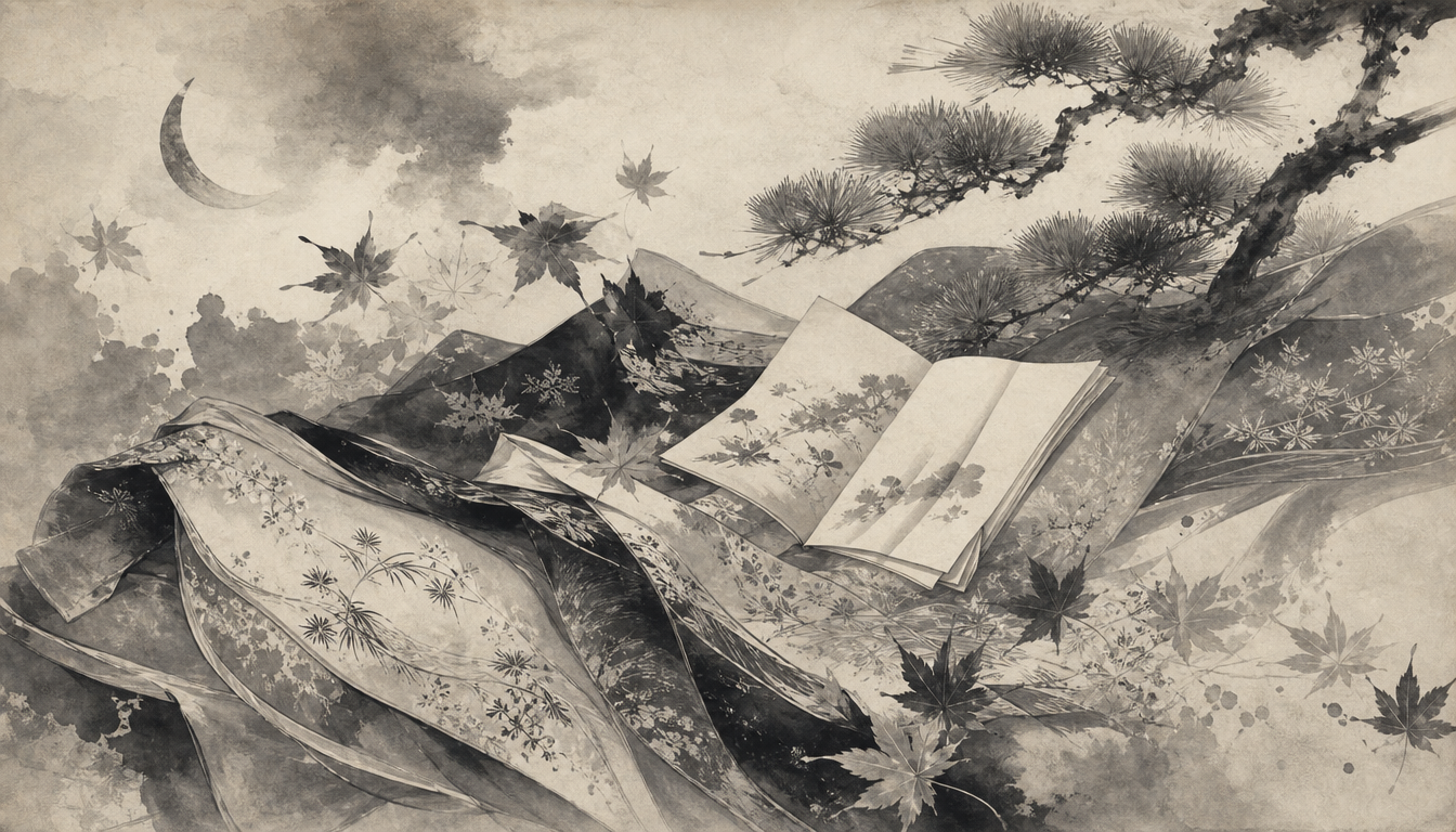 Dense Heian aesthetic composition showing miyabi kanji meaning in classical literature