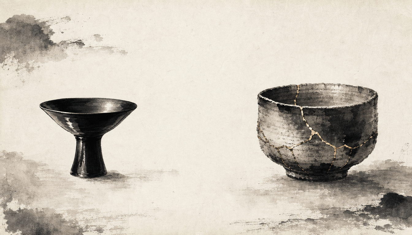 Two vessels contrasting miyabi kanji meaning with wabi-sabi aesthetics