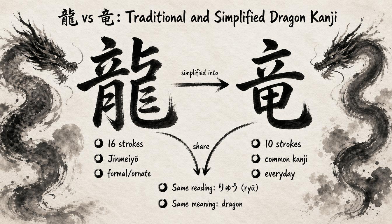 Comparison diagram of the traditional and simplified ryu dragon kanji variants 龍 and 竜