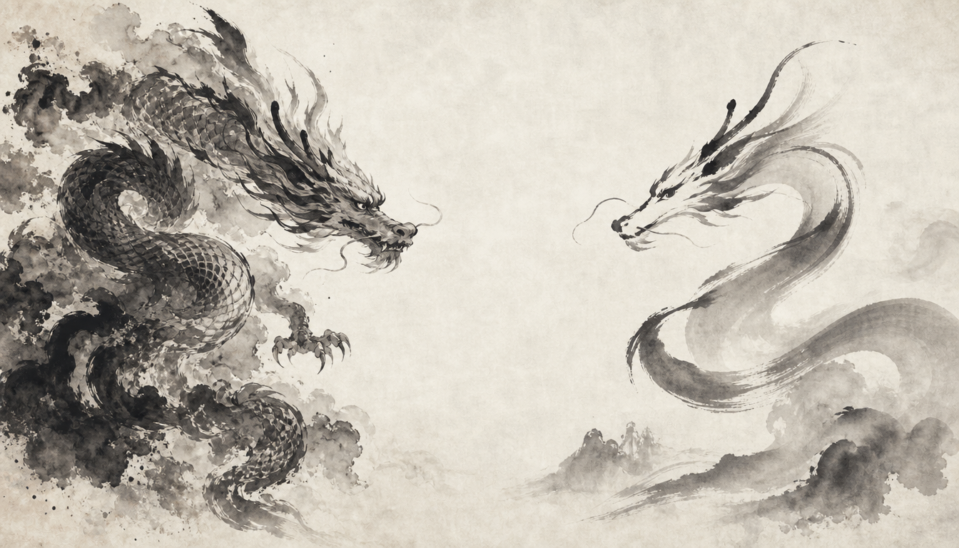 Two ink dragons representing the traditional and simplified ryu dragon kanji variants