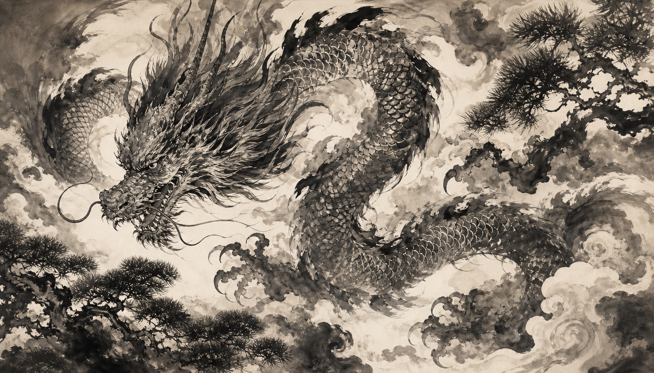 Ornate traditional dragon evoking the 16-stroke ryu dragon kanji variant