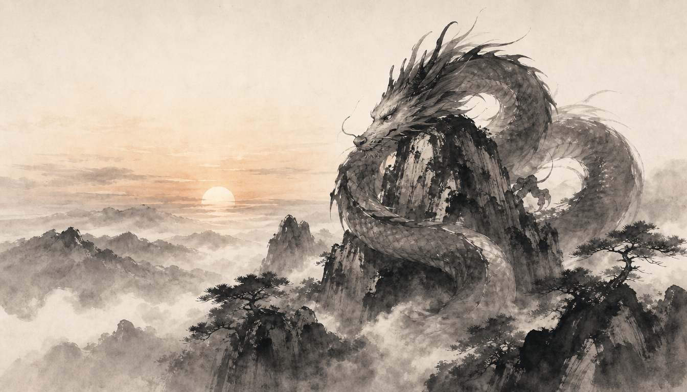Peaceful dragon on a mountain symbolizing choosing your own ryu dragon kanji variants