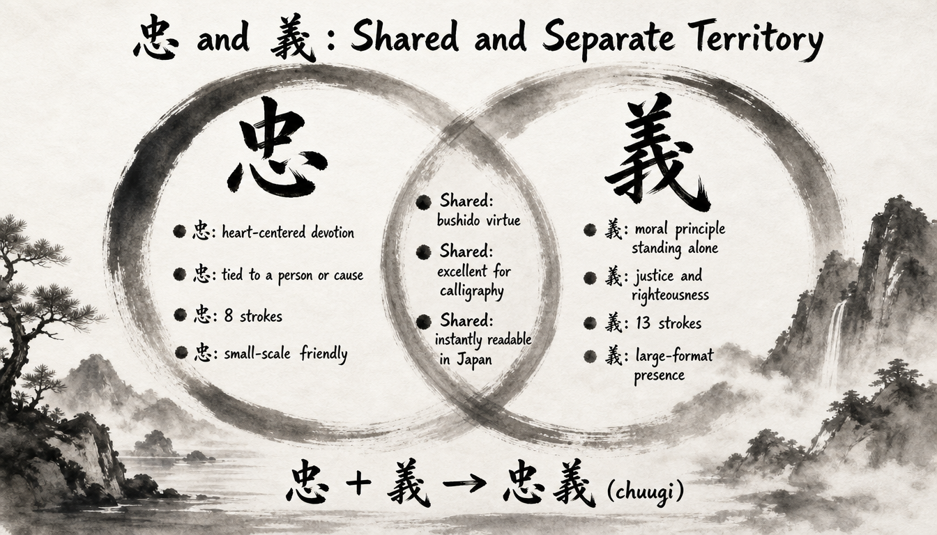 Venn diagram comparing the honor kanji 忠 and 義 and their shared bushido roots