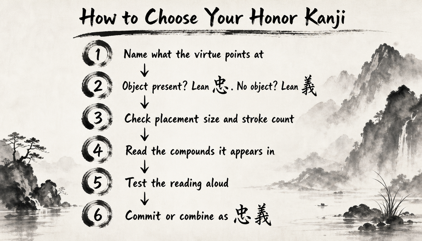 Six-step process diagram for choosing the right honor kanji between 忠 and 義