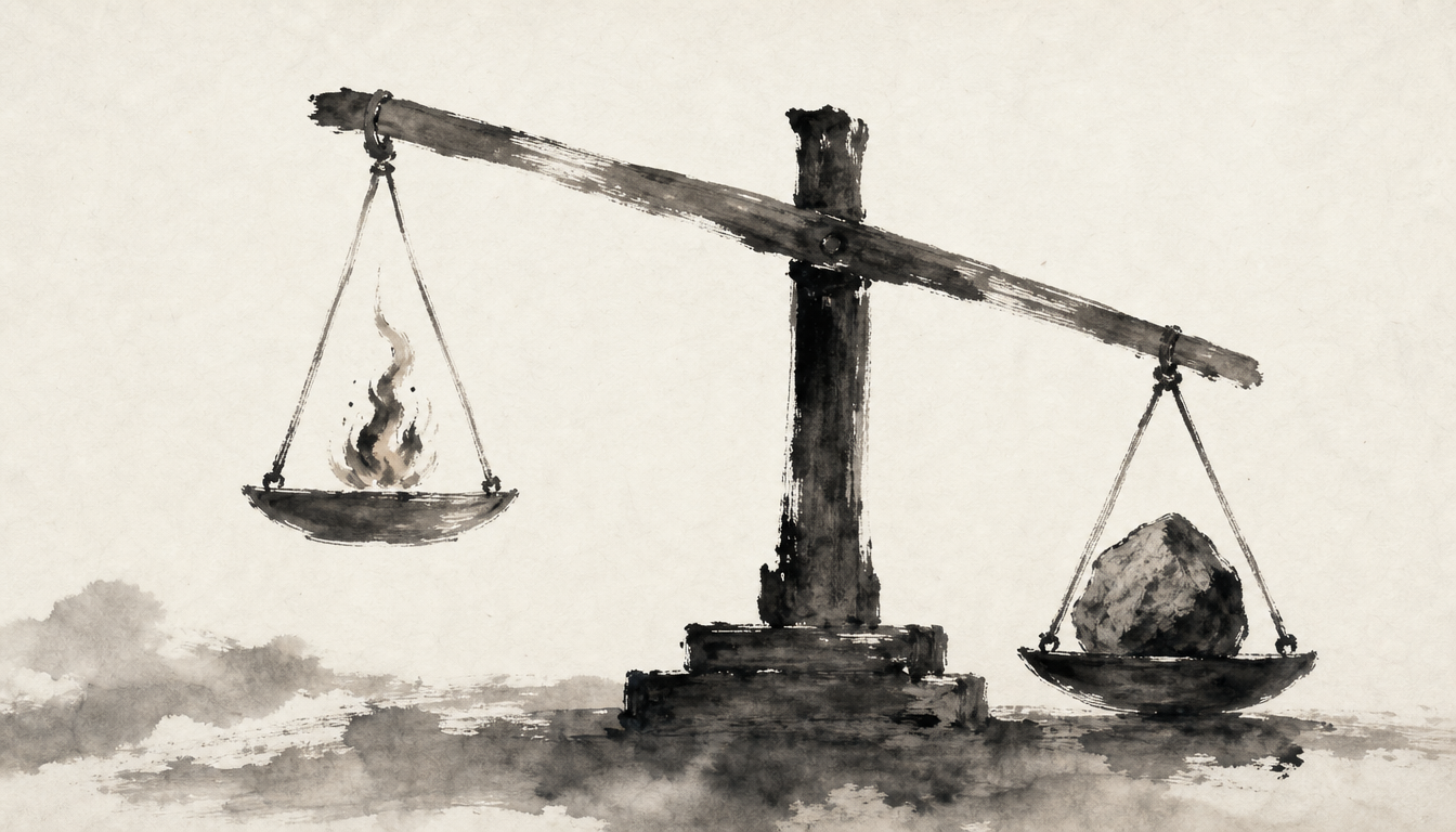 Ink wash balance scale weighing flame against stone, symbolizing honor kanji comparison