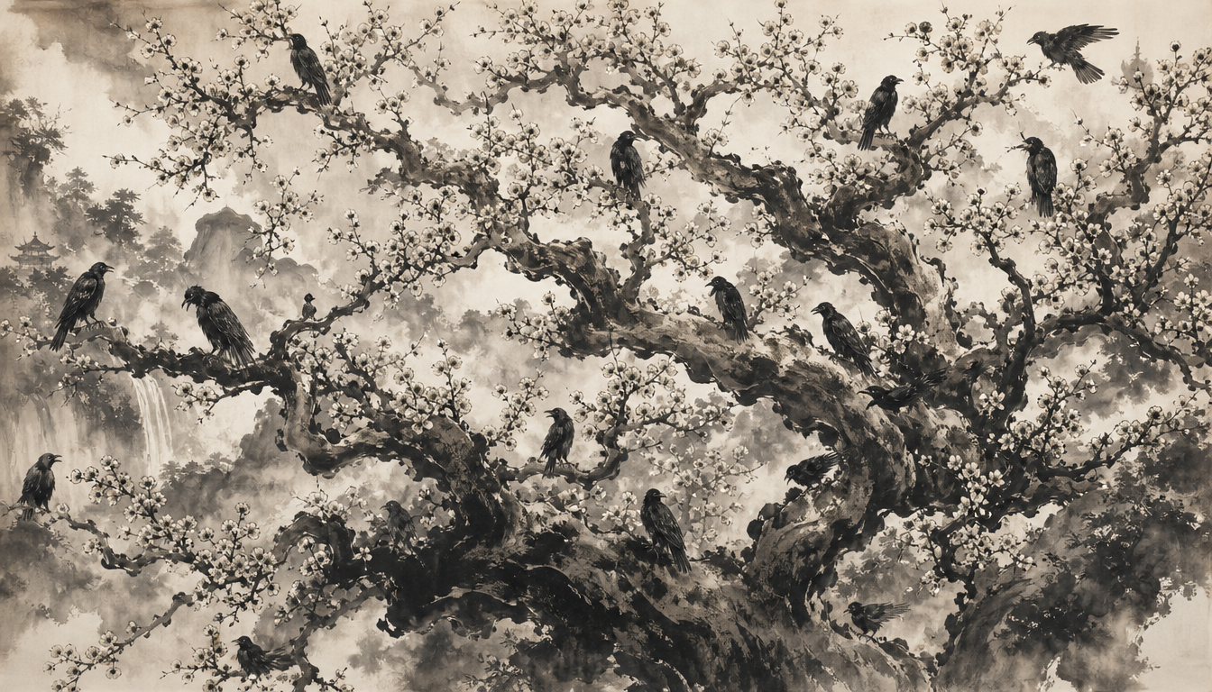 Dense sumi-e plum tree representing the layered meanings within honor kanji