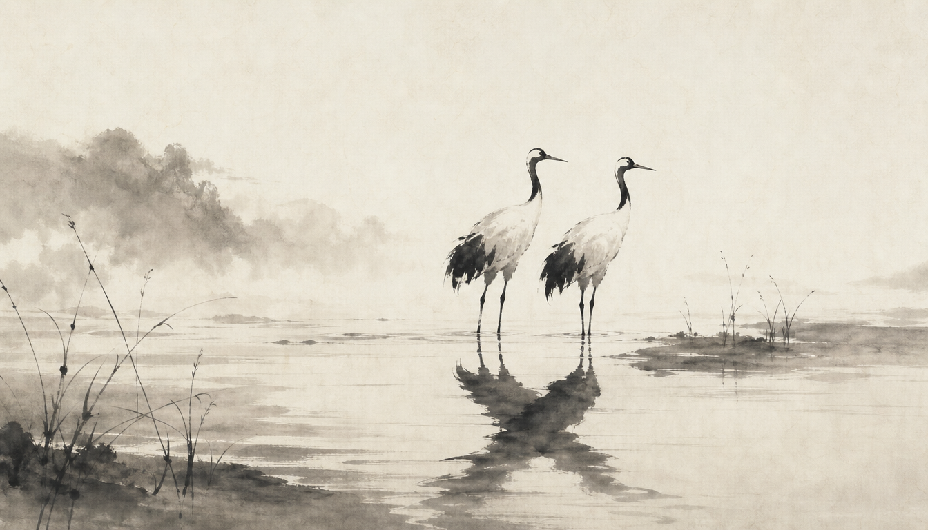 Two cranes with a single shared reflection, illustrating shared roots of honor kanji virtues