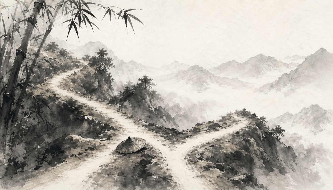 Sumi-e forked mountain path with straw hat representing choosing an honor kanji by use case