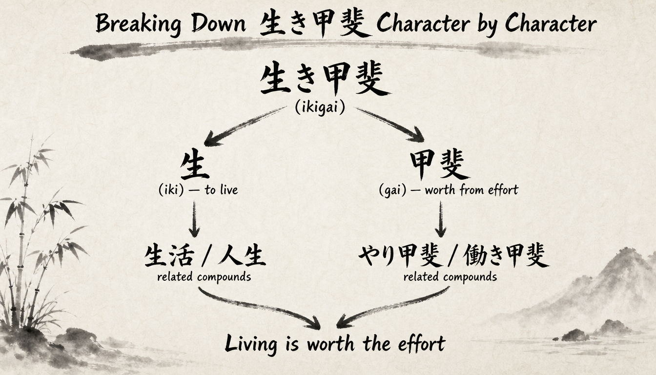 Hierarchy diagram breaking down the kanji behind the ikigai meaning