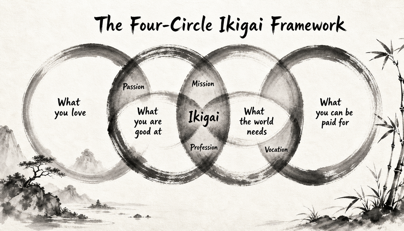 Venn diagram of the four-circle framework often used to explain ikigai meaning